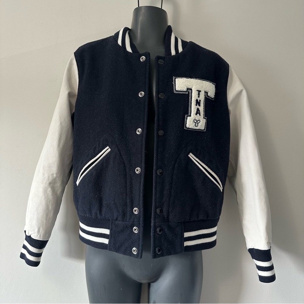 TNA Varsity Jacket Black and White Classic Style Wool and Leather Size Medium